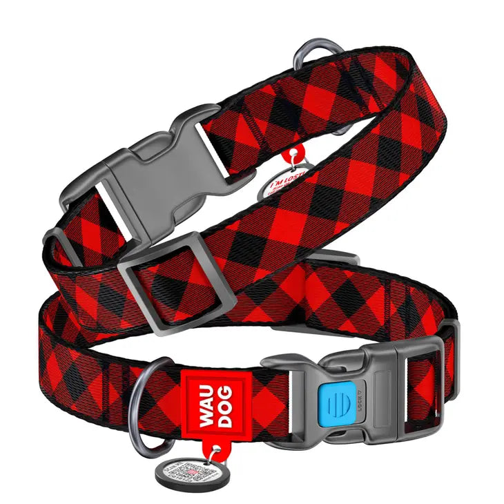 WAUDOG, Collier en nylon  pour chien, à carreaux rouge avec fermoir en plastique