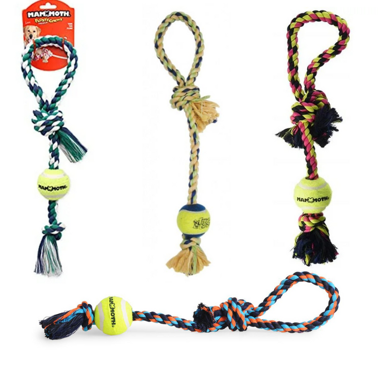 MAMMOTH, Flossy Chews, Premium Tug Floss, Corde avec poignée et balle de tennis, Jouet, Pour chien, Vendu à l'unité