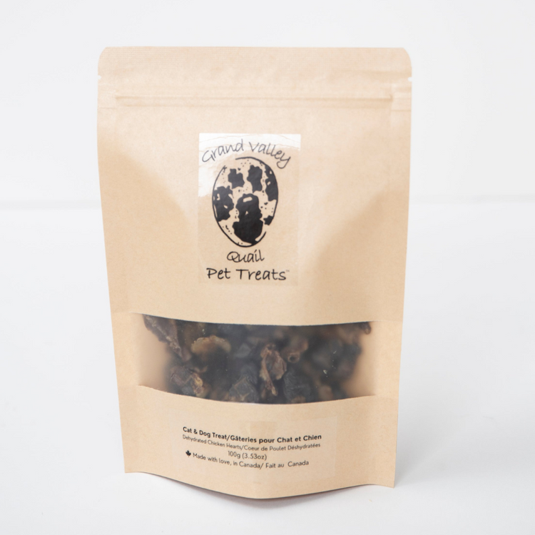 GRAND VALLEY QUAIL, Coeurs de poulets, Déshydratés, Gâterie, Pour chien et chat, 100g
