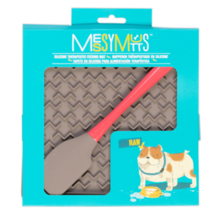 MESSY MUTTS tapis d'alimentation thérapeutique en silicone gris 8''x8'', avec spatule en silicone